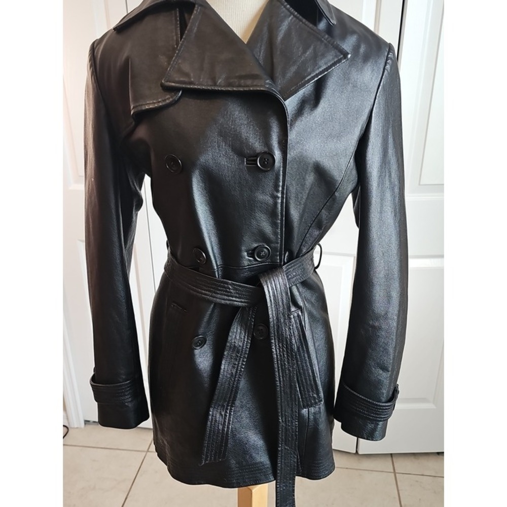 New York & Company Leather Trench Coat Womens Size S Black Y2K Belted Jacket